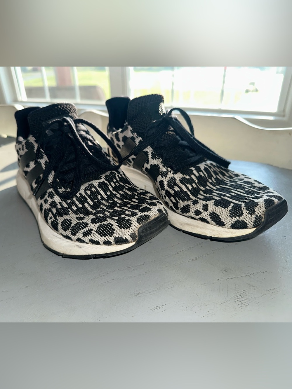 adidas Women's Black and White Knit Leopard Sneakers